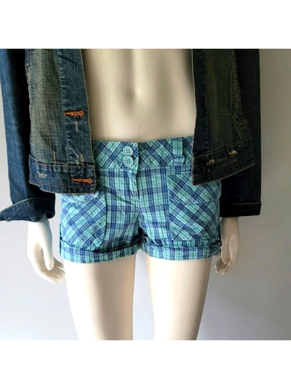 Y2K Jalate Denim Division Blue and Green Plaid Shorts Size 5